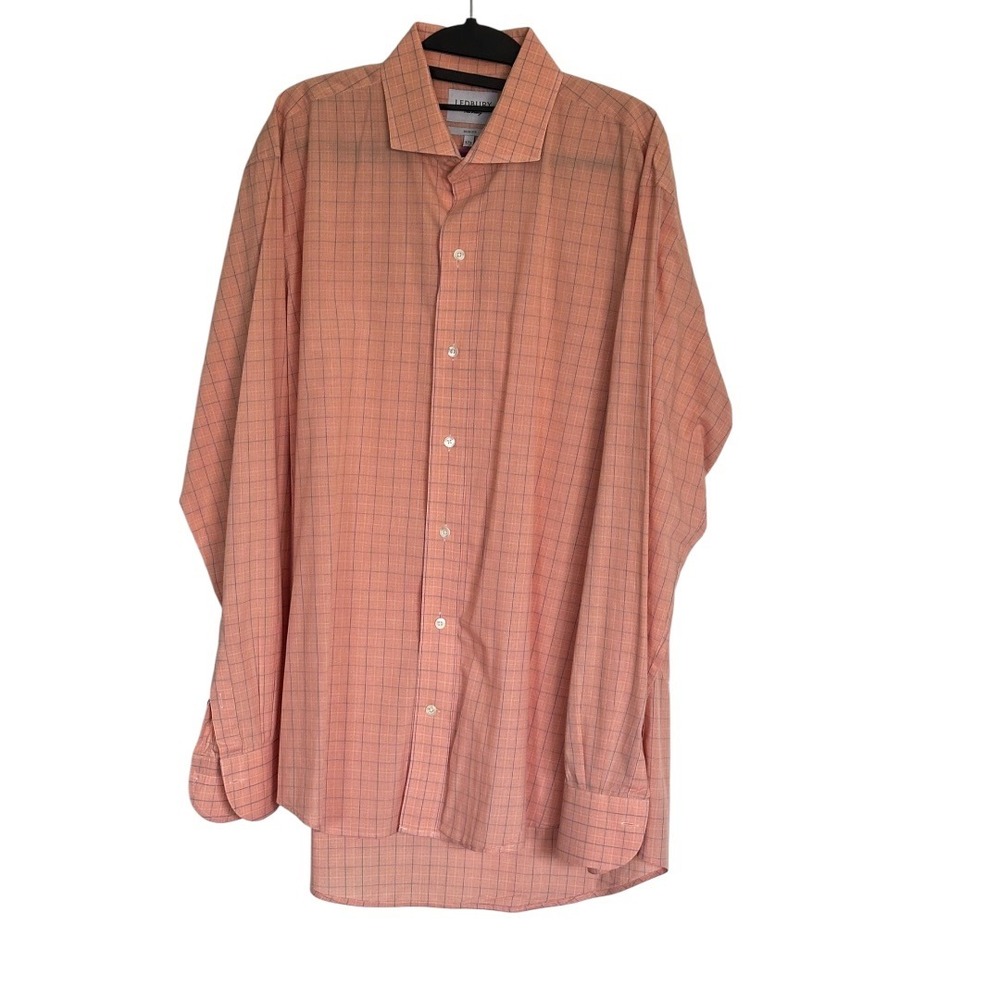 Ledbury Men's 17.5 36 Orange Blue Micro Check Slim Fit Dress Shirt